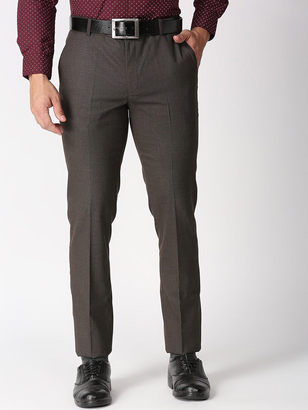 

Solemio Men Brown Textured Polyester Regular Fit Formal Trousers