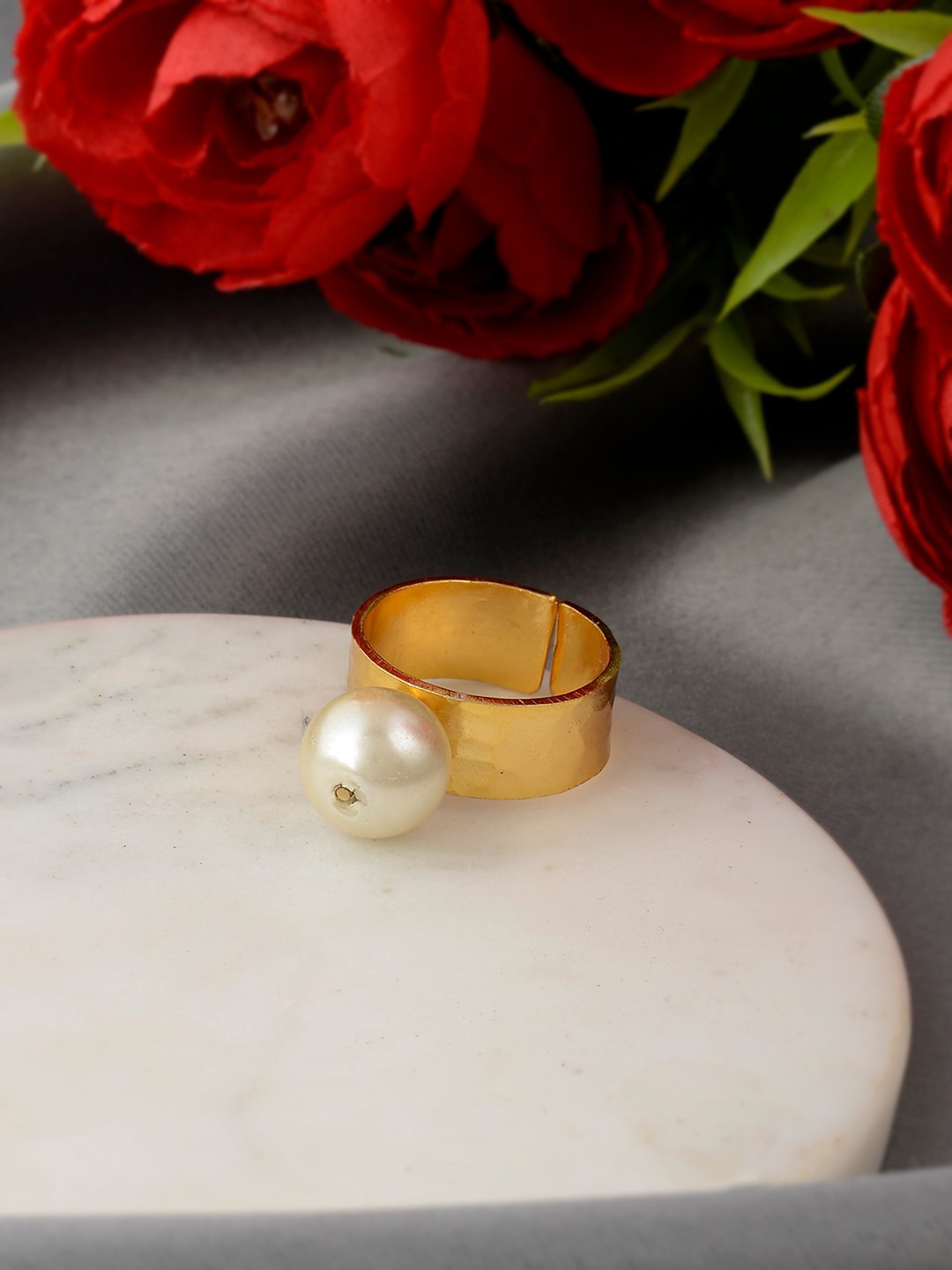 

Silvermerc Designs Gold-Plated White Pearl Studded Adjustable Finger Ring