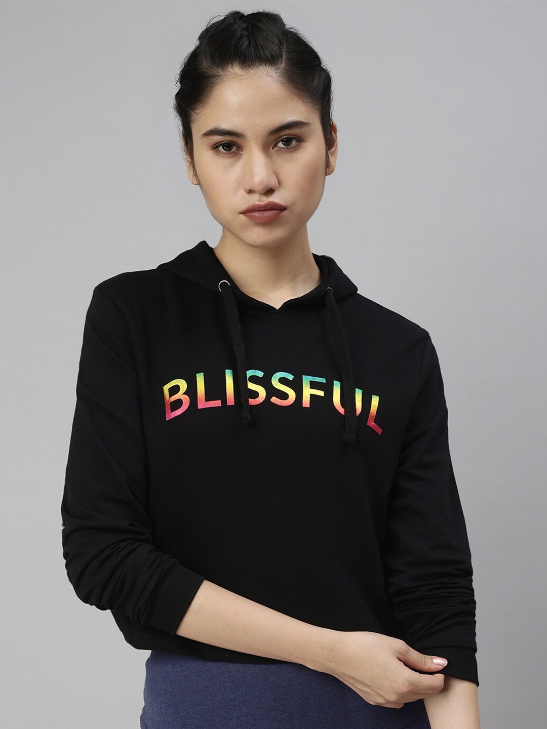 

De Moza Women Black Printed Hooded Cotton Sweatshirt