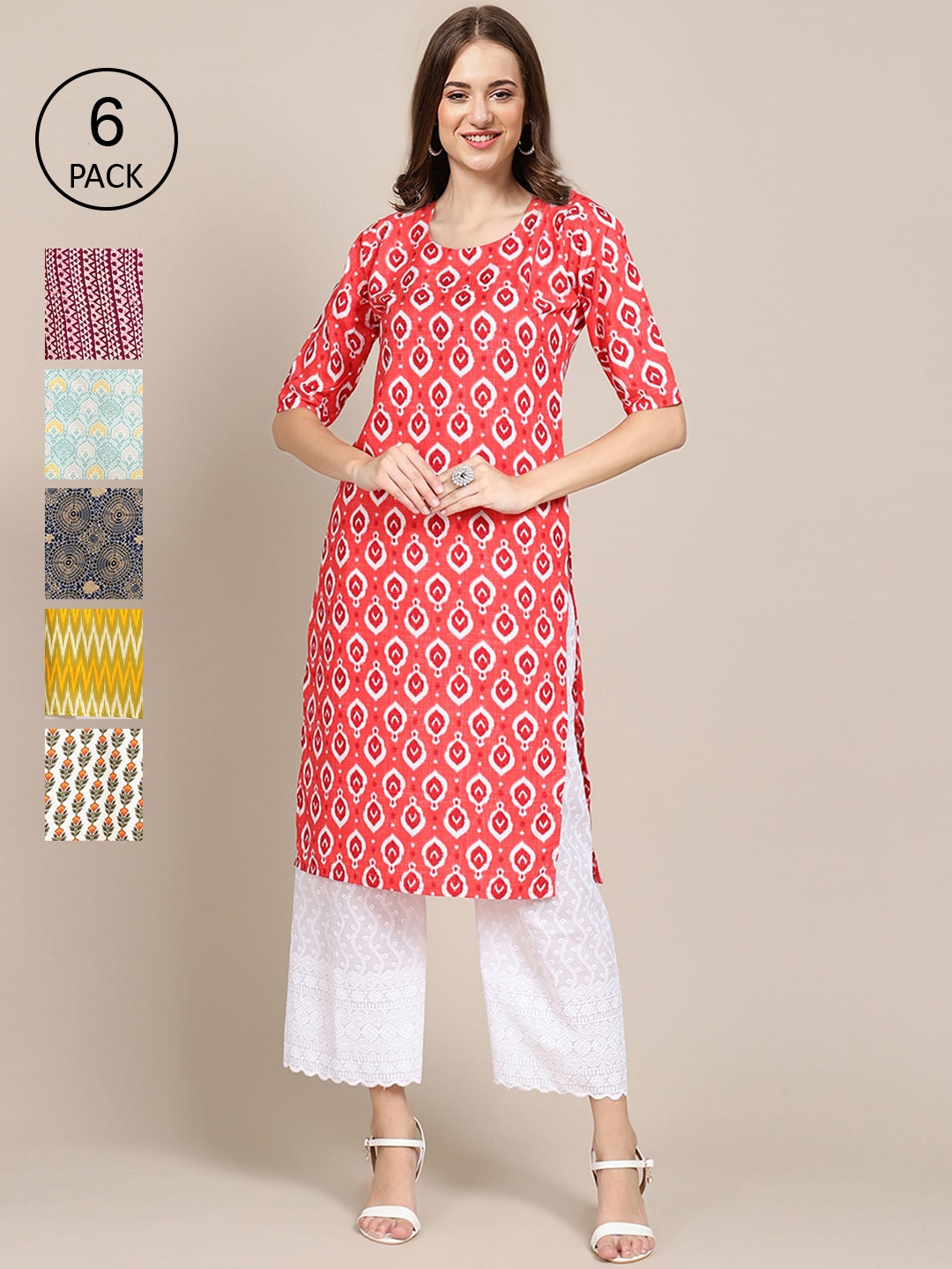 

Ethnic basket Women Pack of 6 Red & Beige Geometric Printed Crepe Kurta