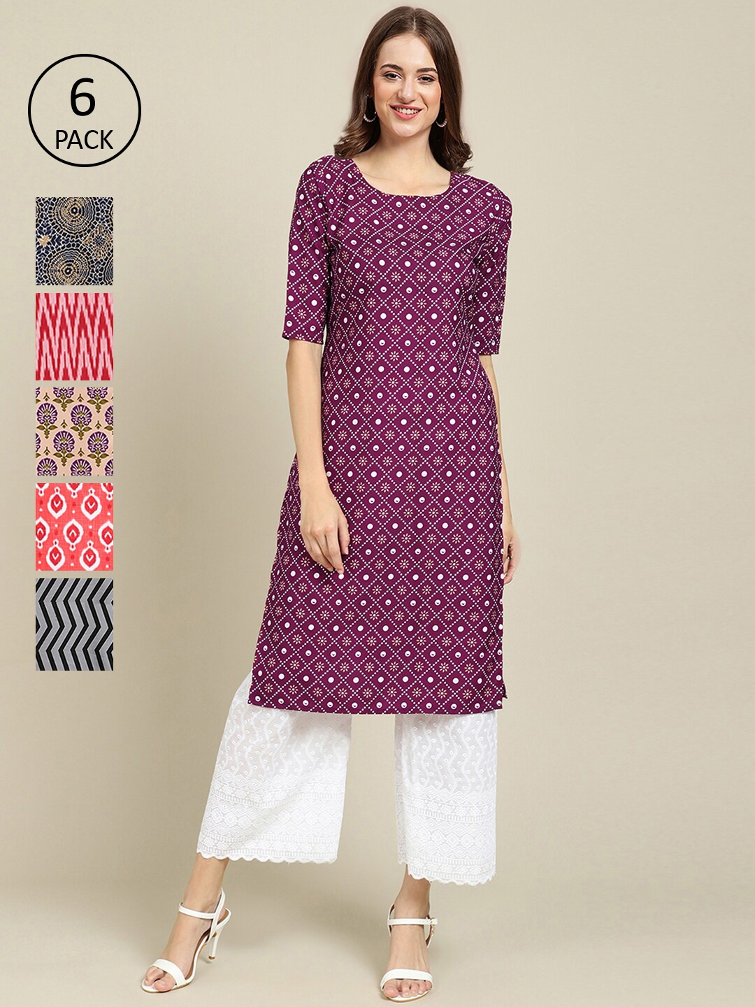 

Ethnic basket Women Pack Of 6 Purple & Red Printed Crepe Kurta