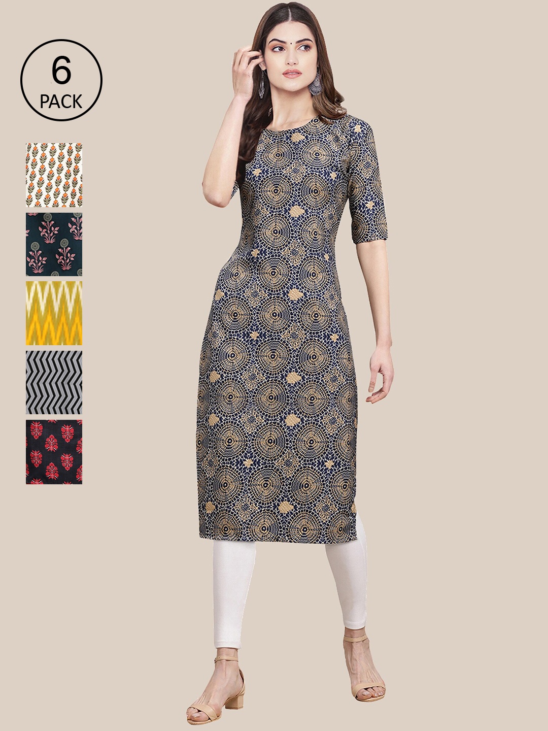 

Ethnic basket Women Pack of 6 Floral Printed Mirror Work Summer Sheers Crepe Kurta, Multi