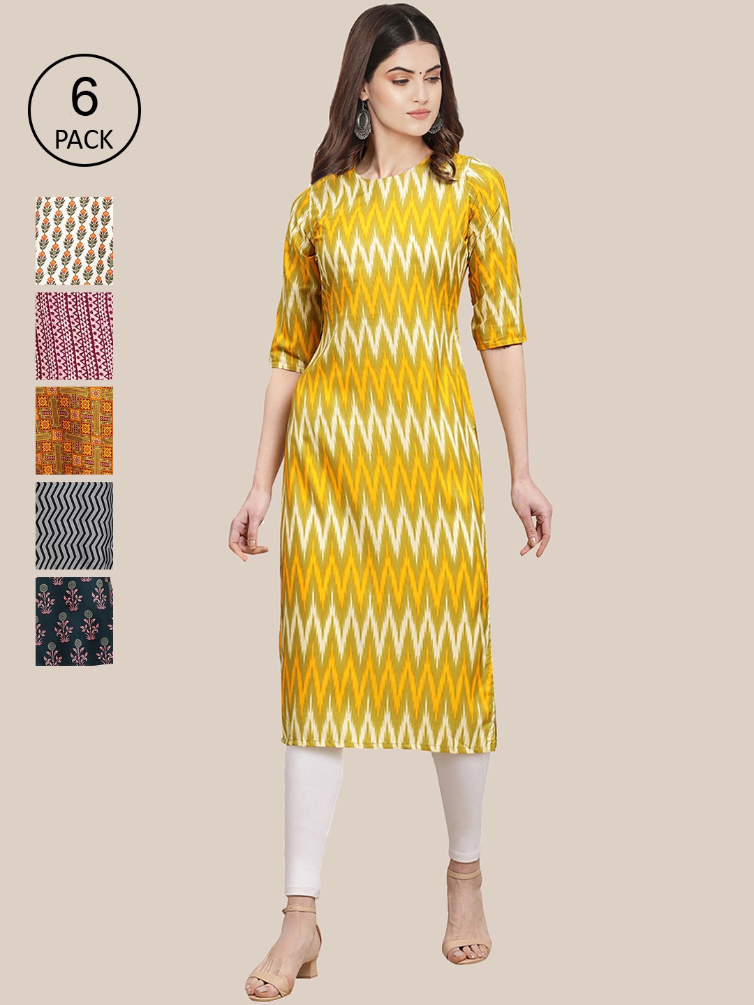 

Ethnic basket Women Pack of 6 Digital Printed Crepe Straight Kurtas, Yellow