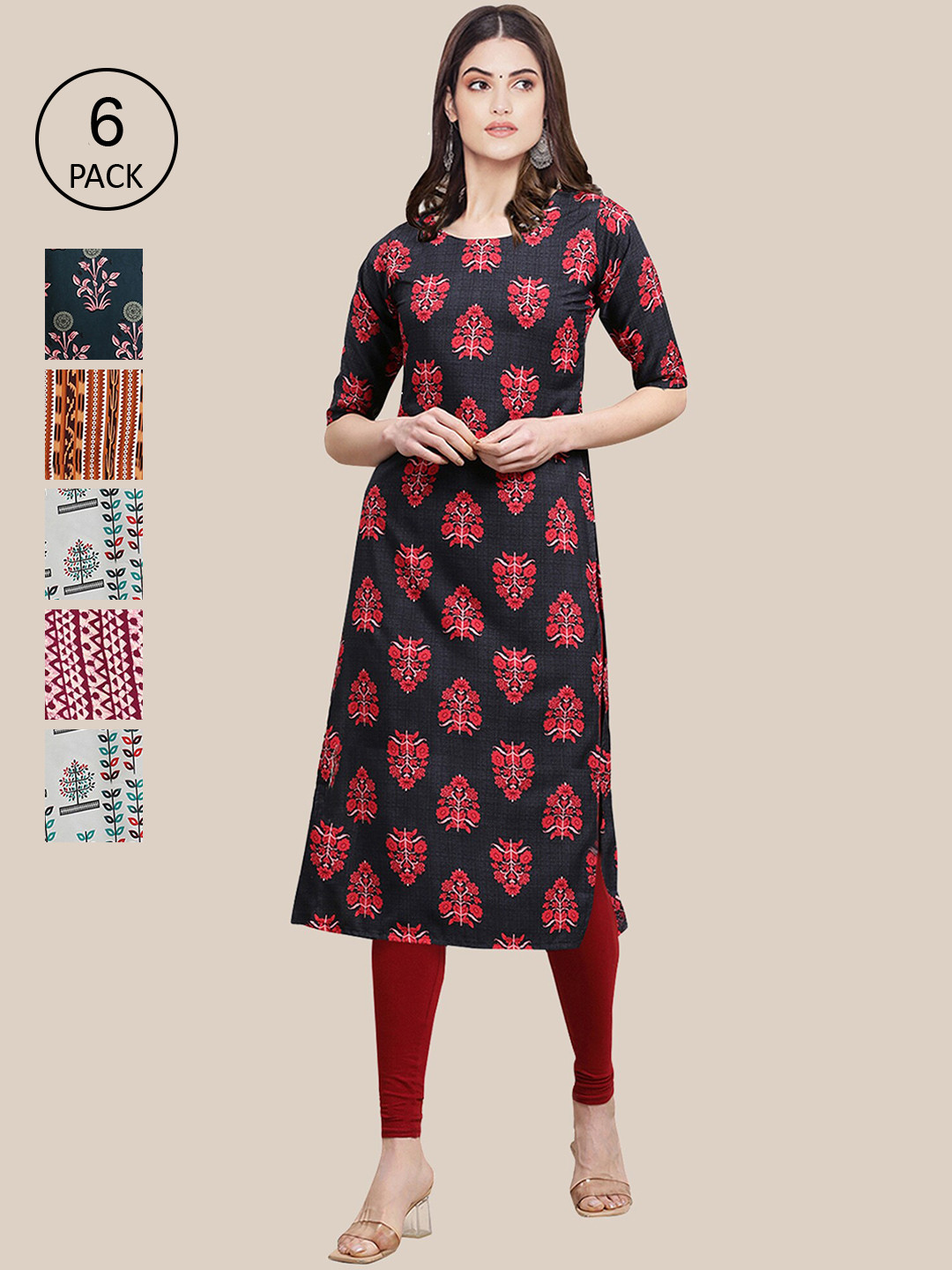 

Ethnic basket Women Maroon & Navy Blue Pack of 6 Floral Printed Crepe Kurtas