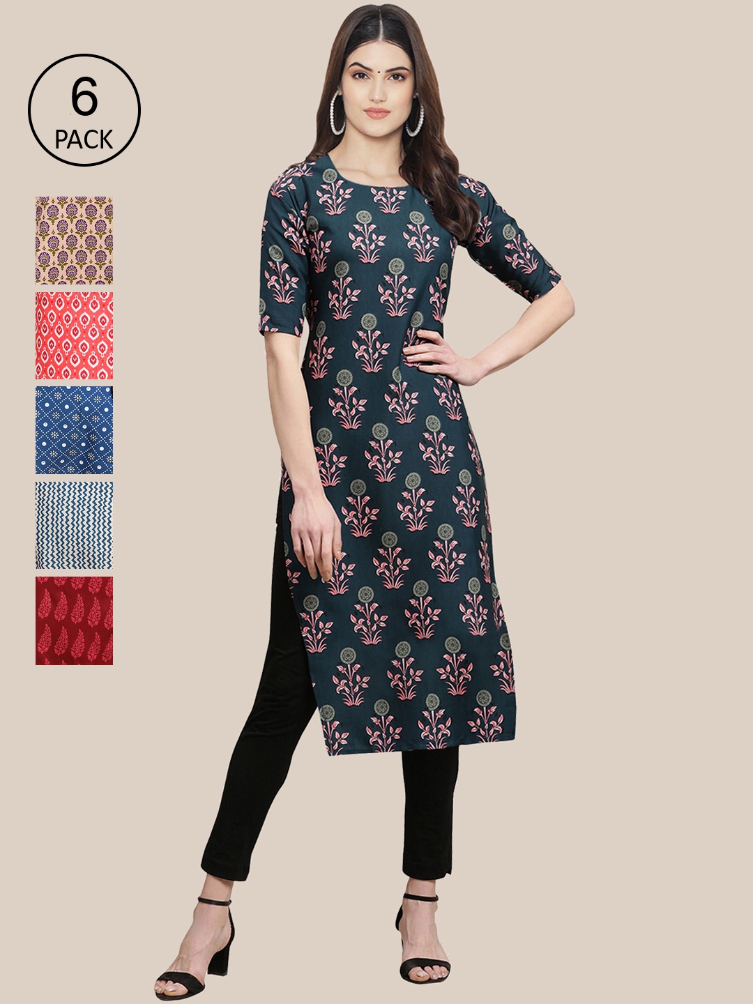 

Ethnic basket Women Blue and Red Summer Sheers Crepe Kurta [PACK OF 6]