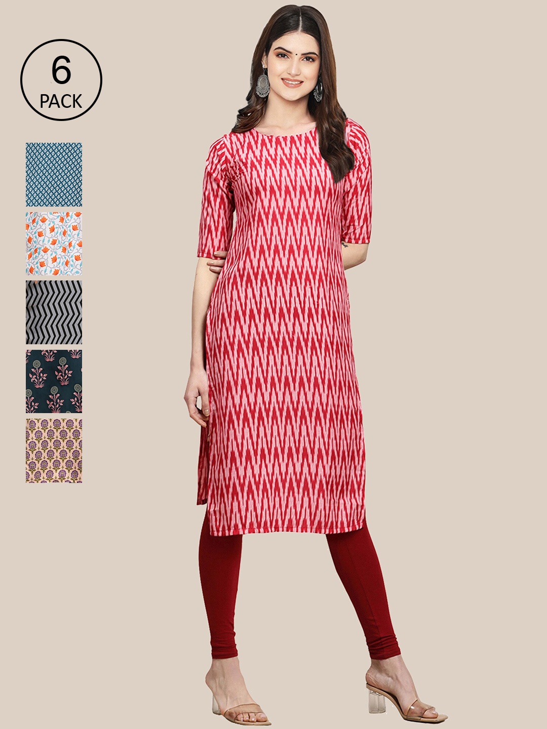 

Ethnic basket Women Pack of 6 Geometric Printed Gotta Patti Crepe Kurta, Multi
