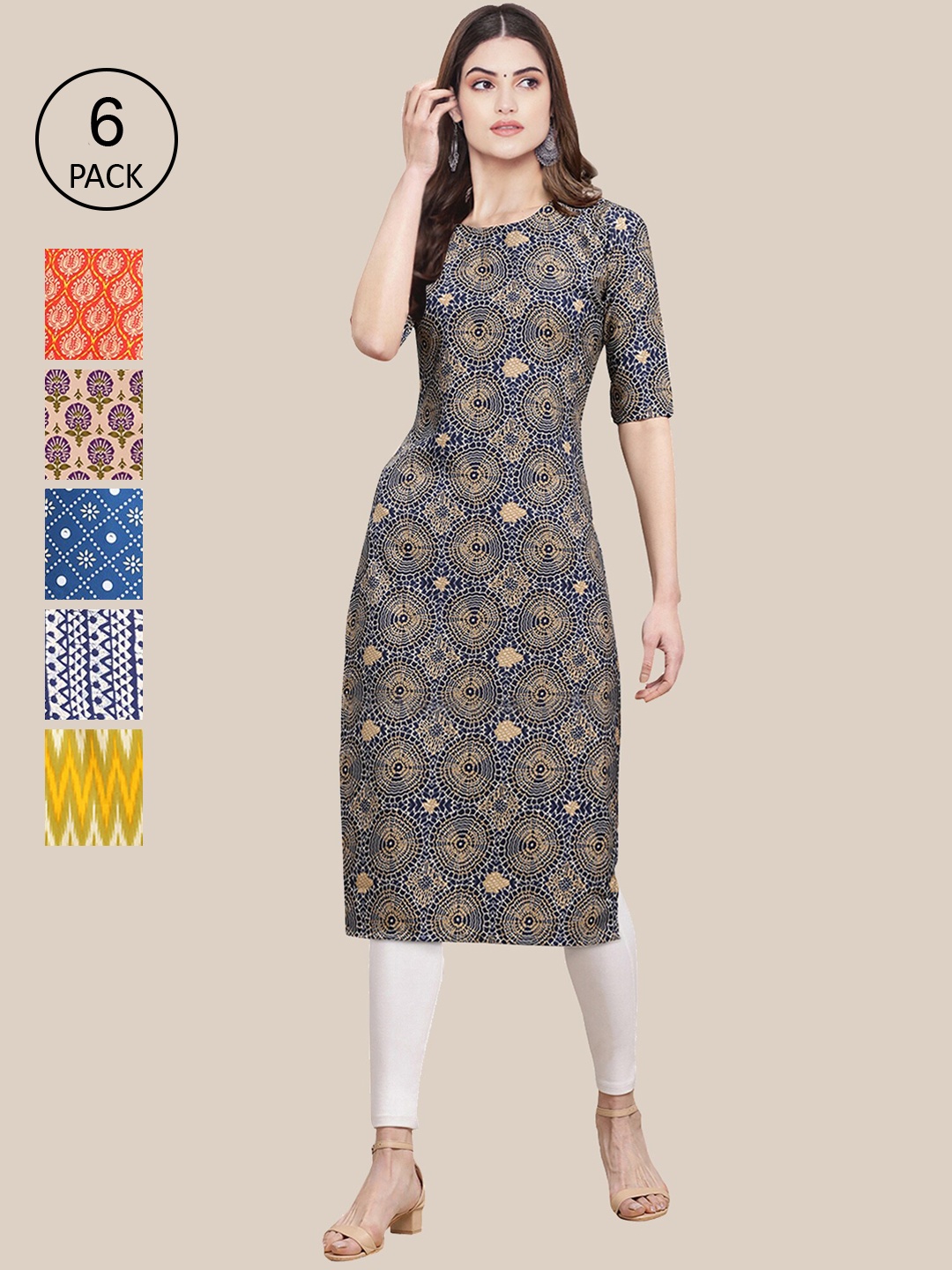 

Ethnic basket Women Pack Of 6 Printed Crepe Kurta, Multi