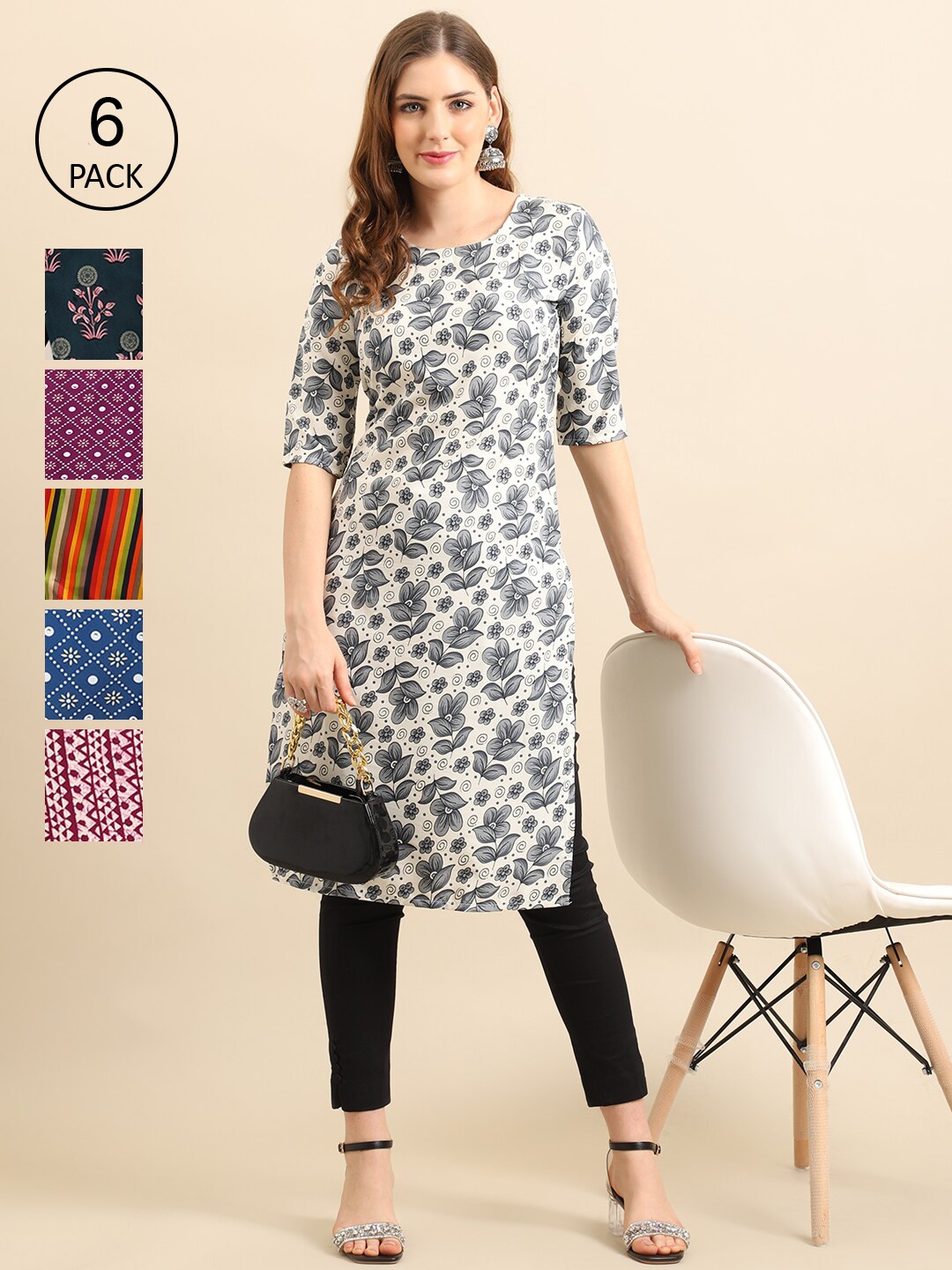 

Ethnic basket Women Pack Of 6 Geometric Printed Crepe Kurta, Multi