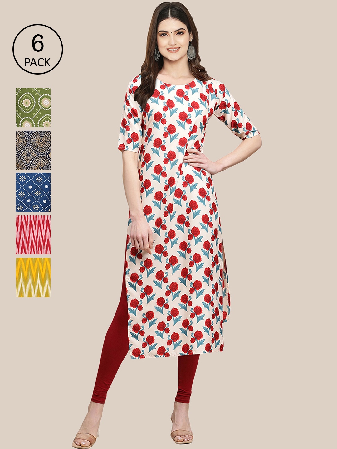

Ethnic basket Women Pack Of 6 Printed Summer Sheers Crepe Kurta, Cream