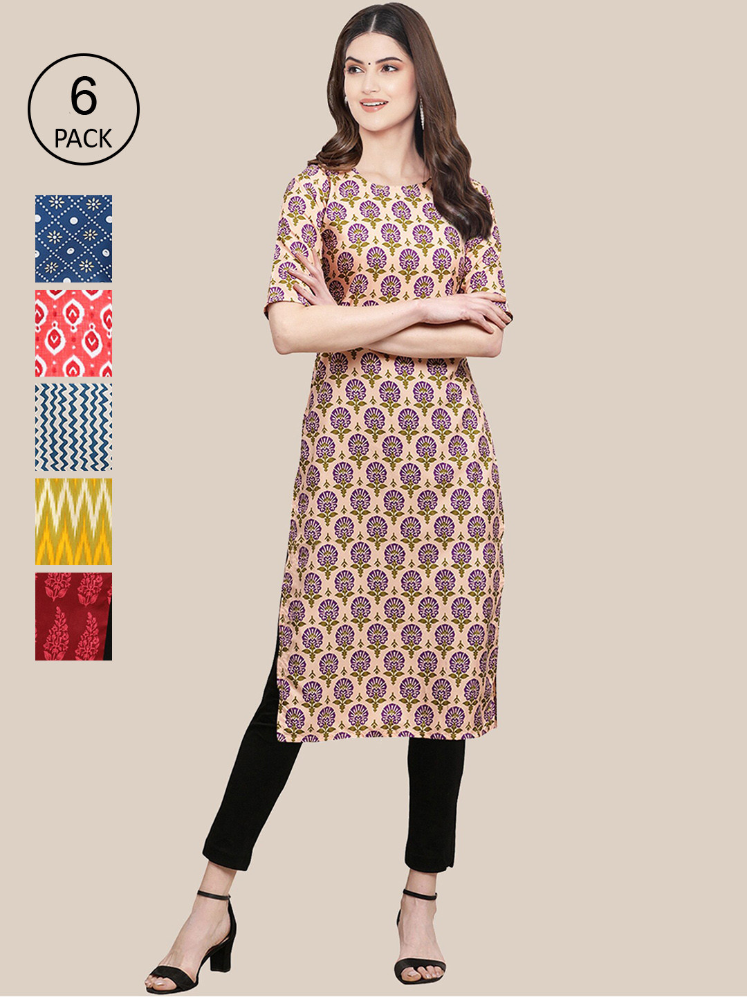 

Ethnic basket Women Pack Of 6 Ethnic Motifs Printed Crepe Kurta, Beige