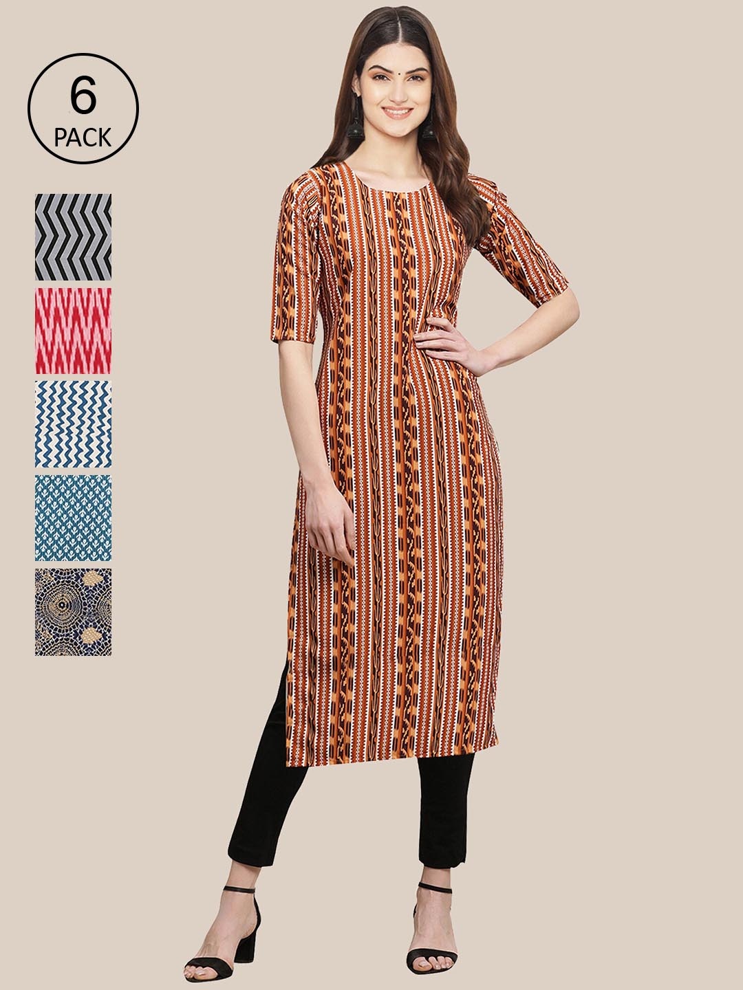 

Ethnic basket Women Pack of 6 Brown & Black Striped Crepe Kurta