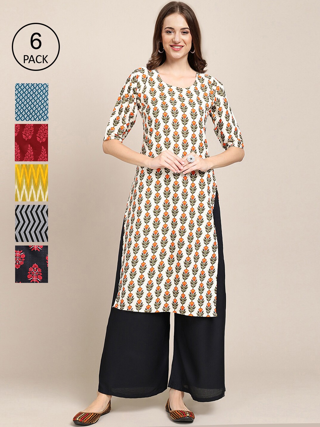 Ethnic basket Women Green & Blue Pack of 6 Floral Printed Crepe Kurtas