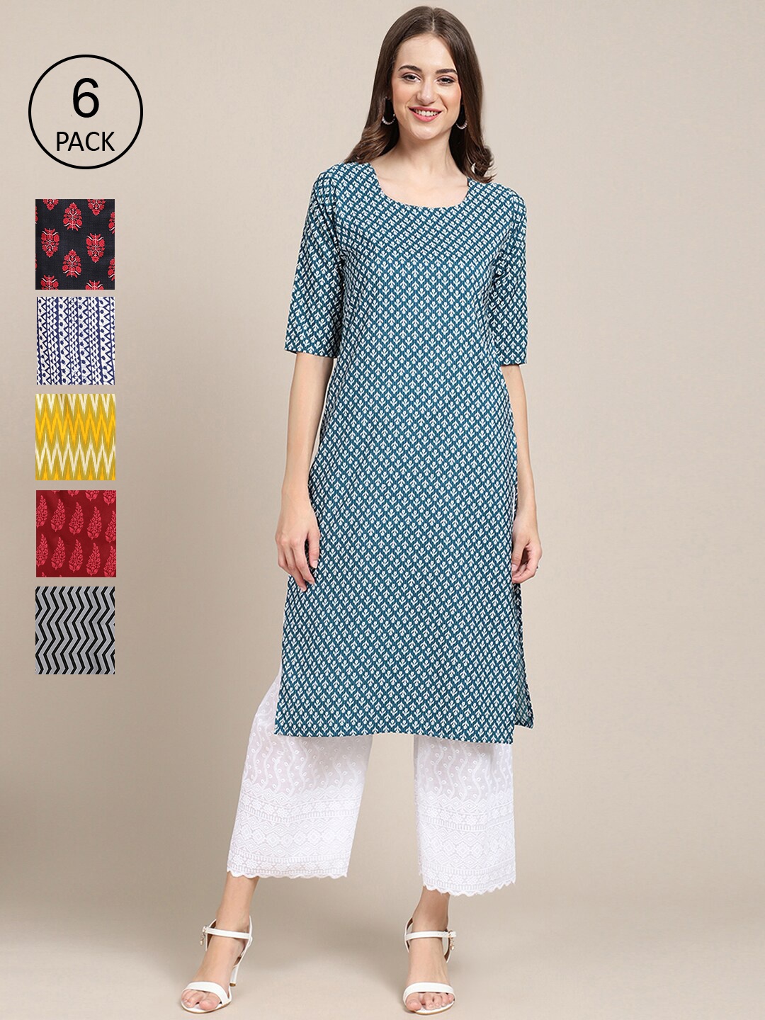 

Ethnic basket Women Pack Of 6 Geometric Printed Crepe Kurta, Yellow