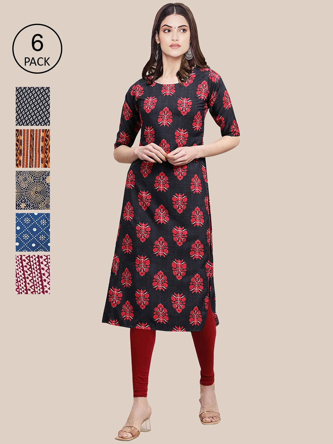 

Ethnic basket Women Pack of 6 Printed Crepe Kurtas, Red