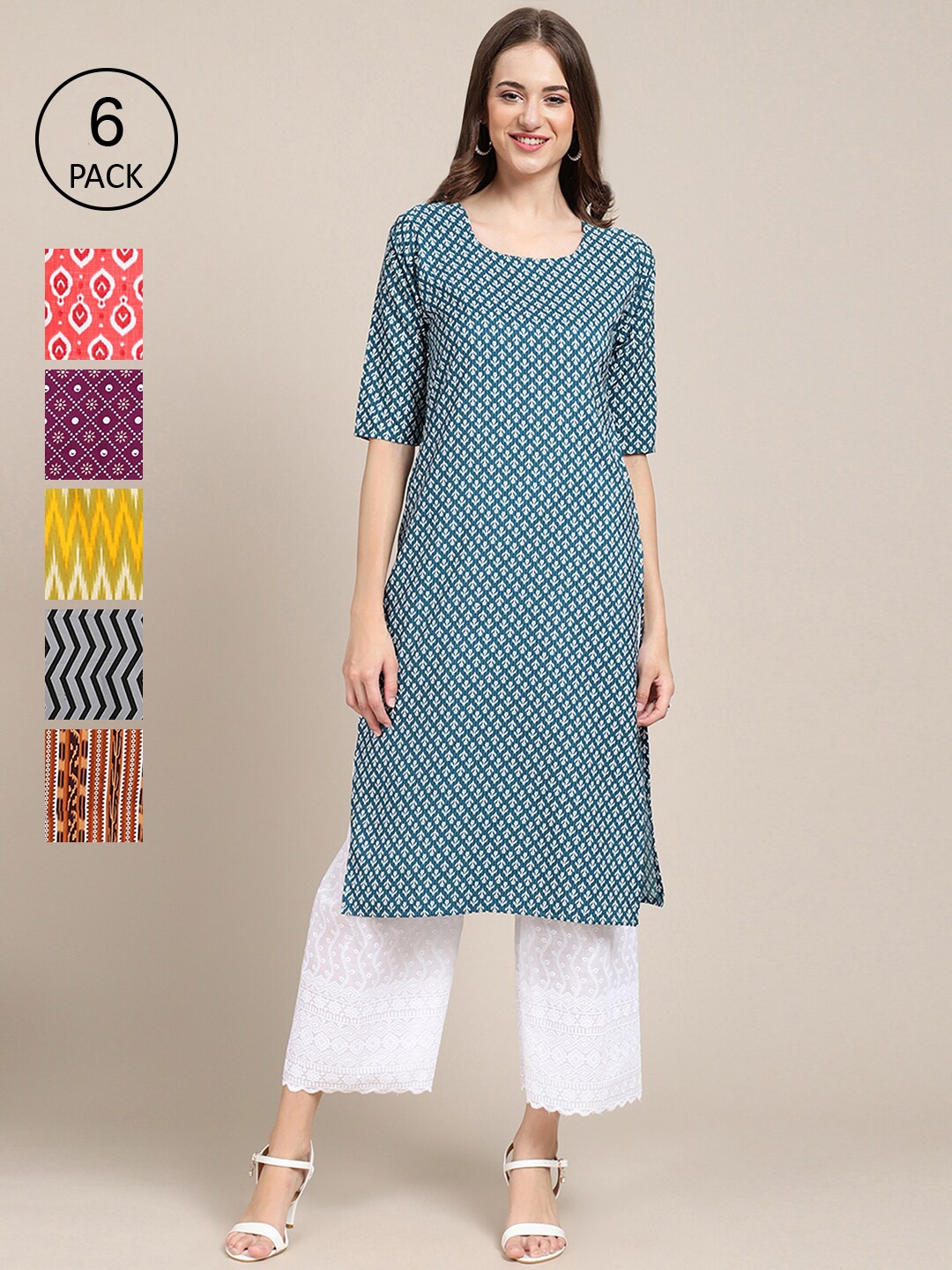 

Ethnic basket Women Pack Of 6 Geometric Printed Summer Sheers Crepe Kurta, Multi