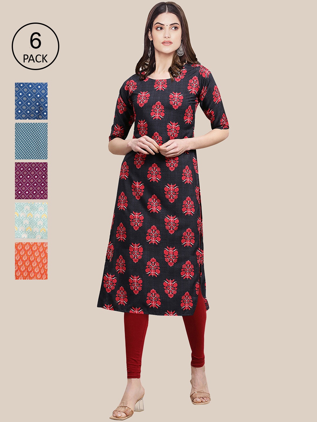 

Ethnic basket Women Pack Of 6 Geometric Printed Crepe Kurta, Multi