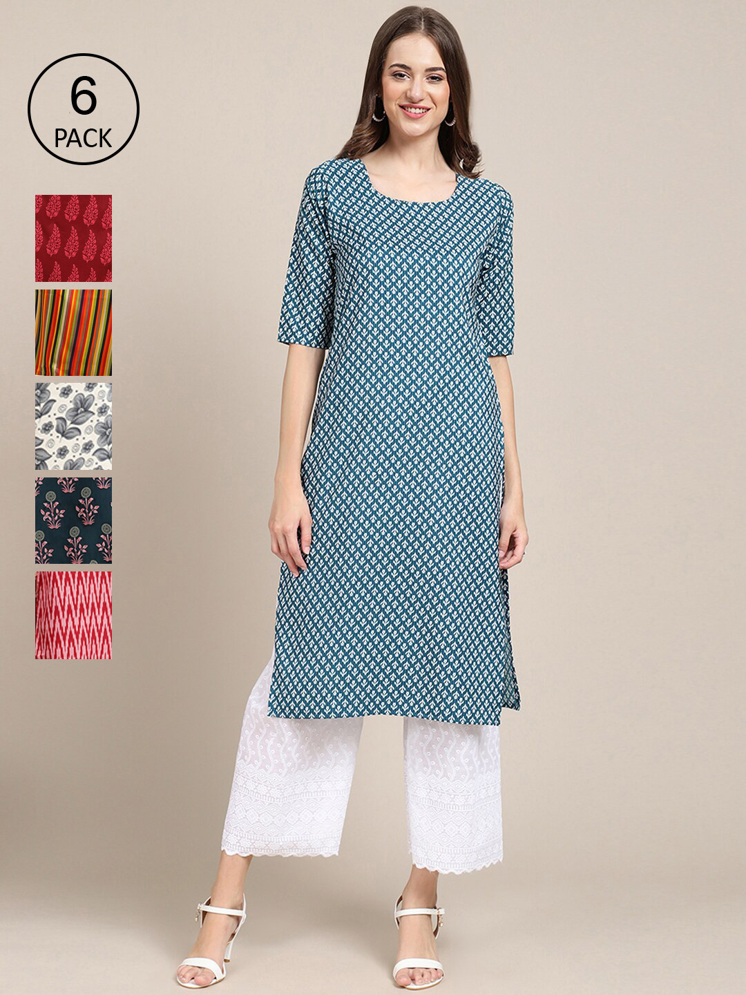 

Ethnic basket Women Pack Of 6 Geometric Printed Summer Sheers Crepe Kurta, Multi