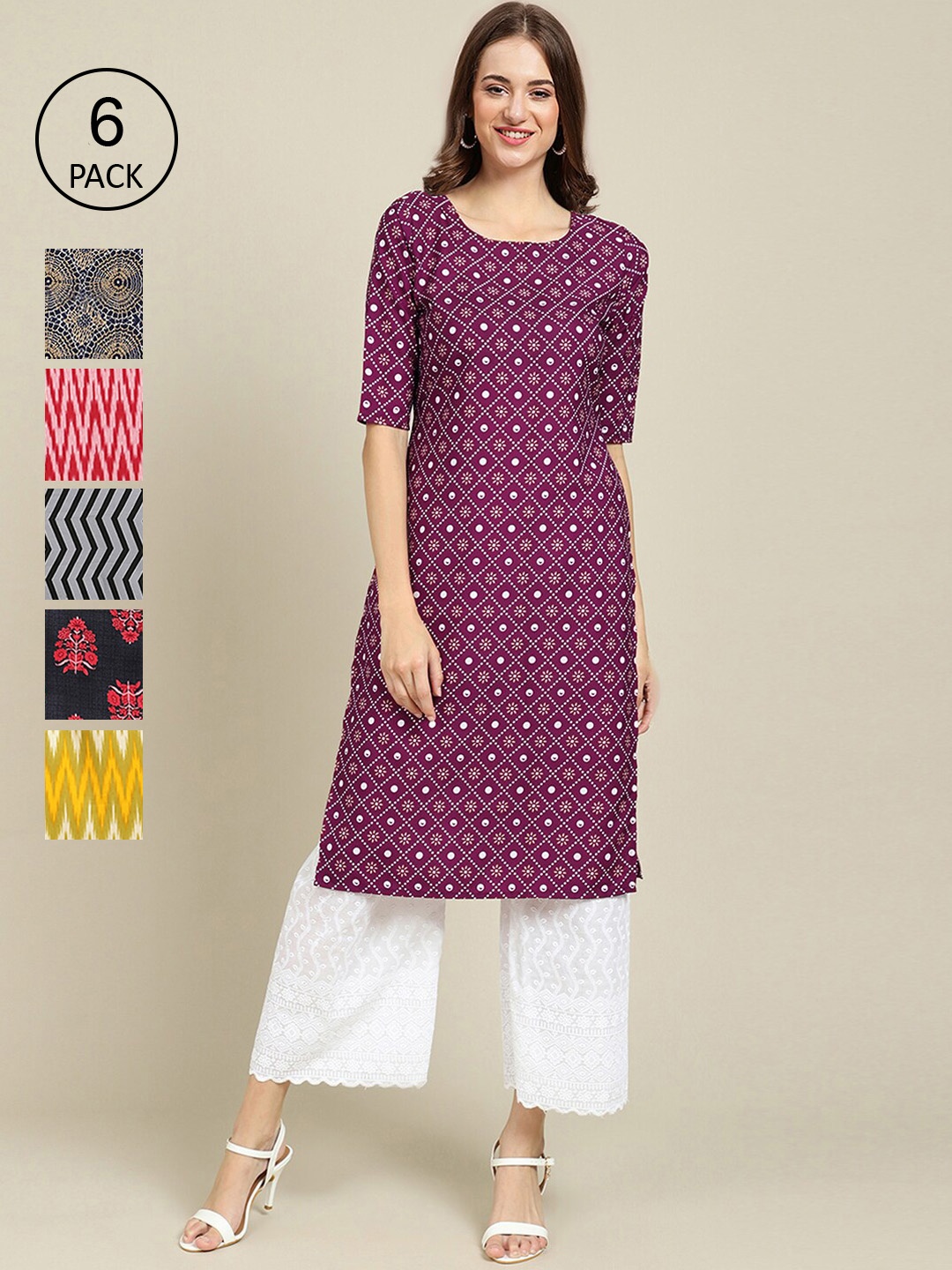 

Ethnic basket Women Pack of 6 Women Printed Straight Crepe Kurta, Multi