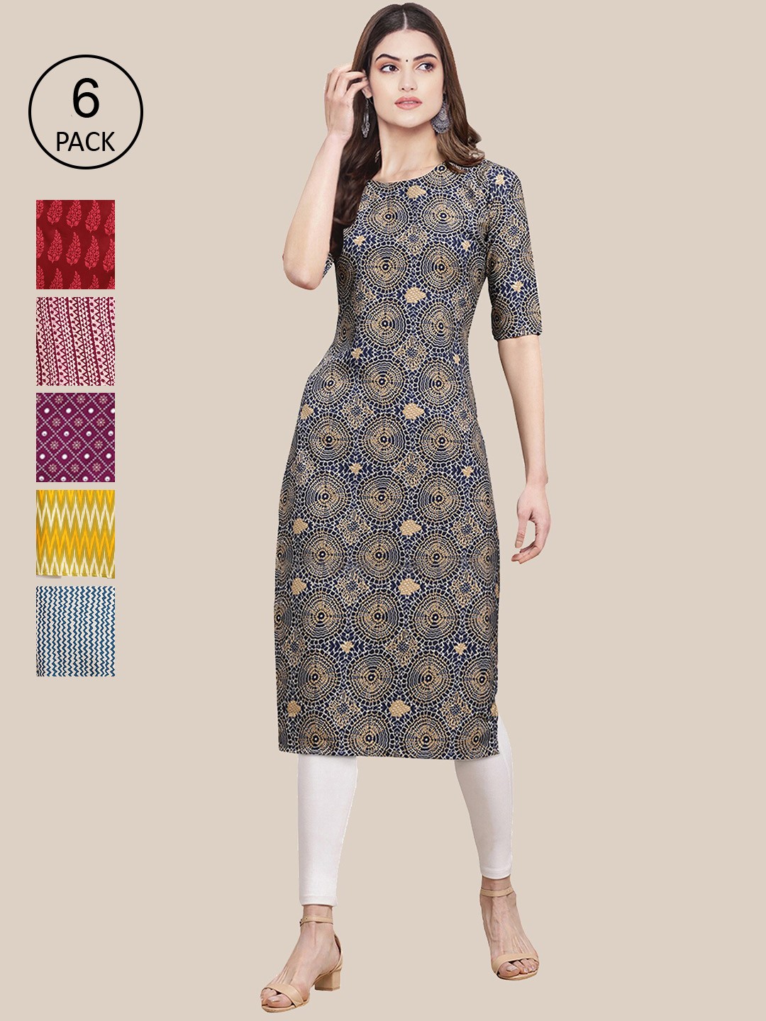 

Ethnic basket Women Pack of 6 Geometric Printed Summer Sheers Crepe Kurta, Blue