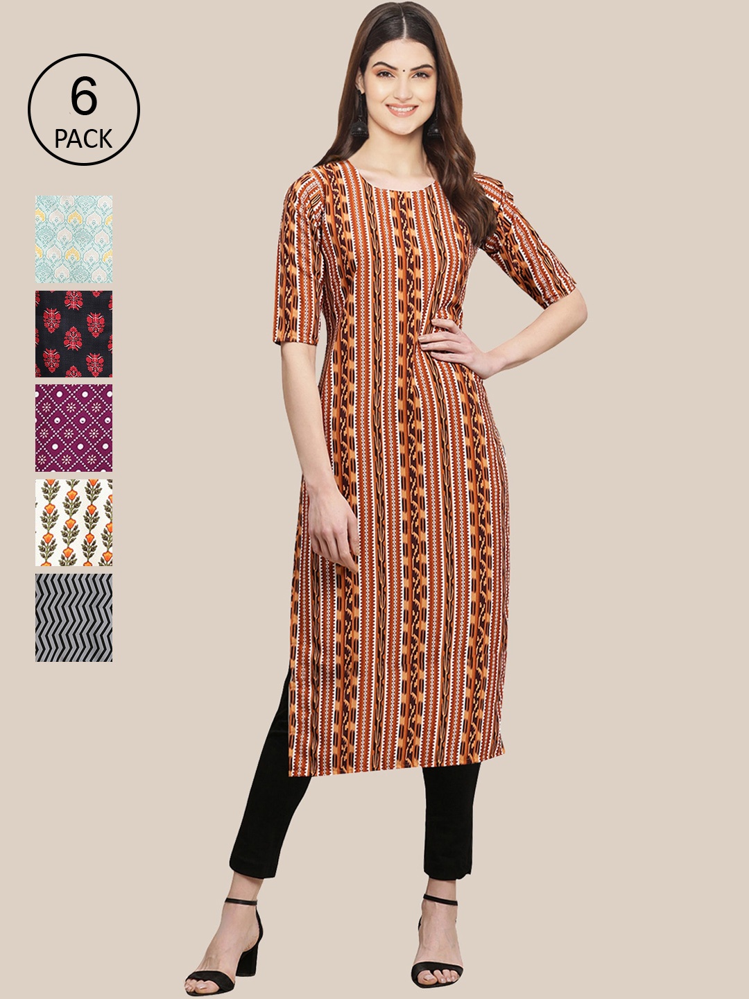 

Ethnic basket Women Pack Of 6 Geometric Printed Crepe Kurta, Orange