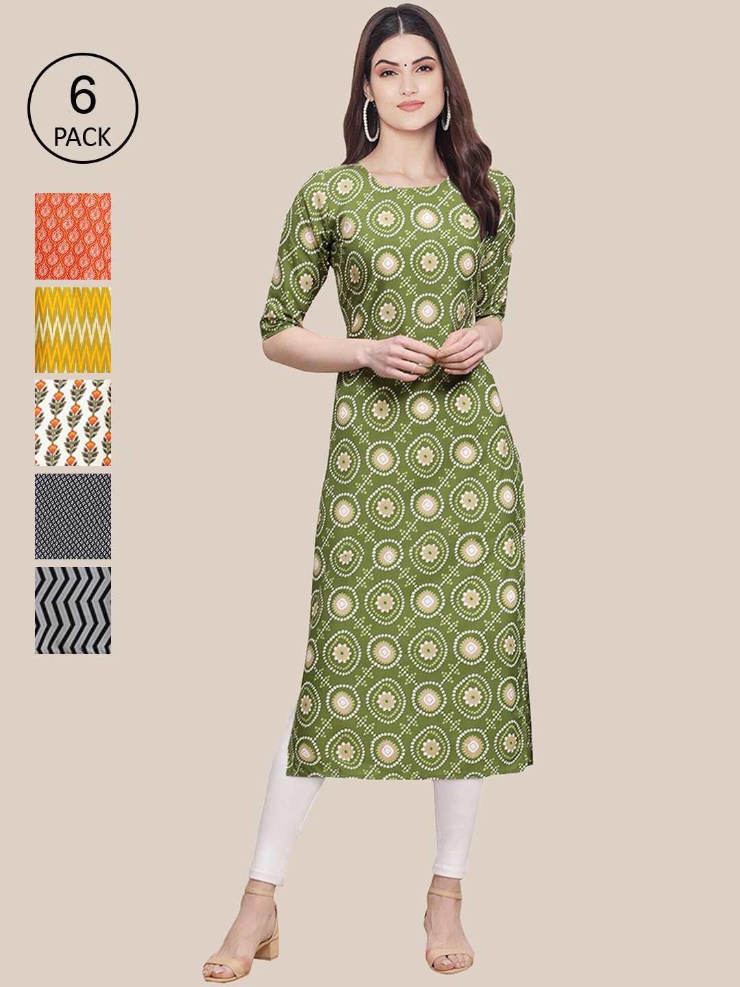 

Ethnic basket Women Pack of 6 Printed Summer Sheers Crepe Kurta, Green