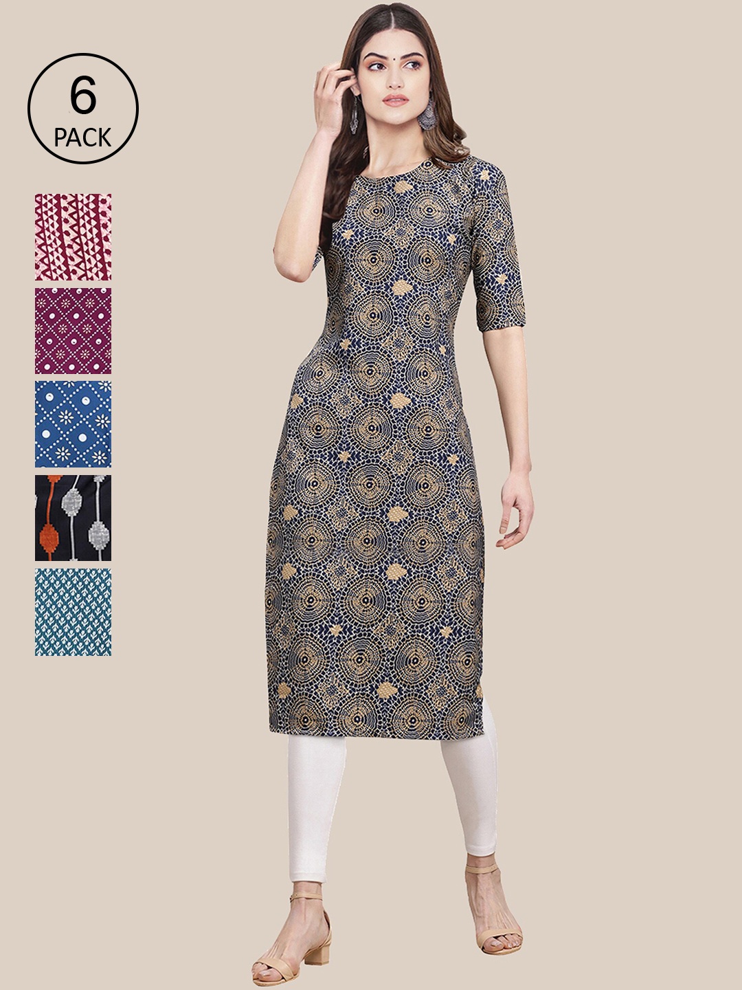 

Ethnic basket Women Pack of 6 Ethnic Motifs Printed Crepe Kurta, Grey