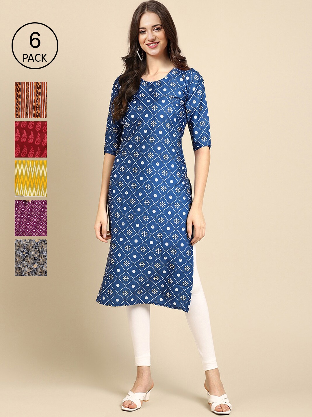 

Ethnic basket Women Pack of 6 Geometric Printed Crepe Kurta, Multi