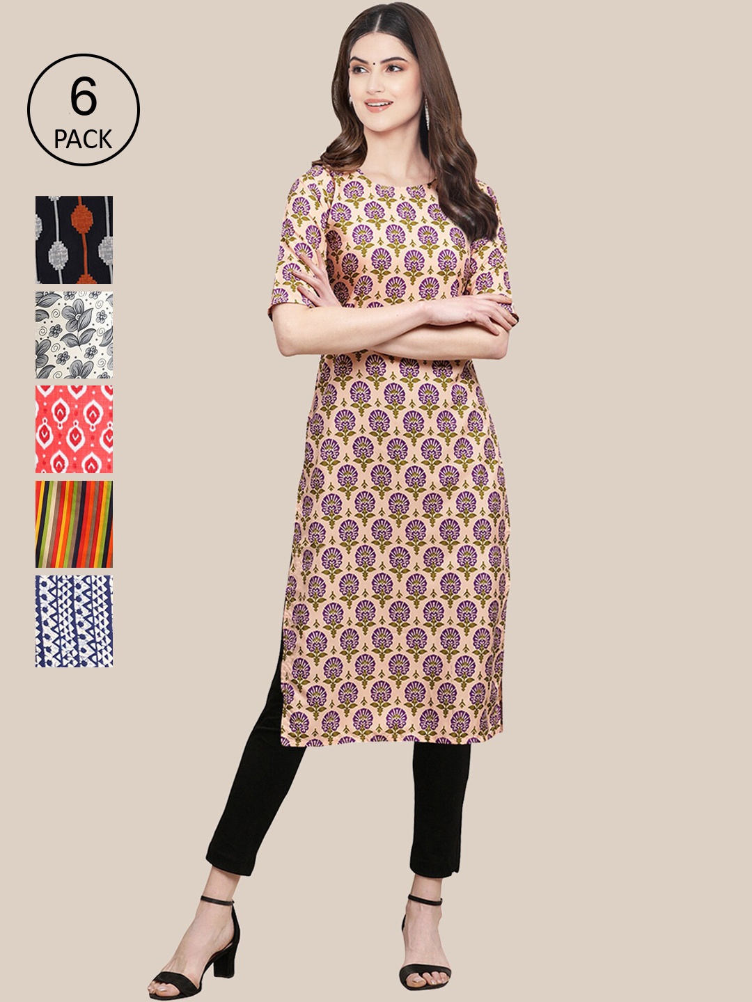 

Ethnic basket Women Pack of 6 Floral Printed Summer Sheers Crepe Kurta, Blue