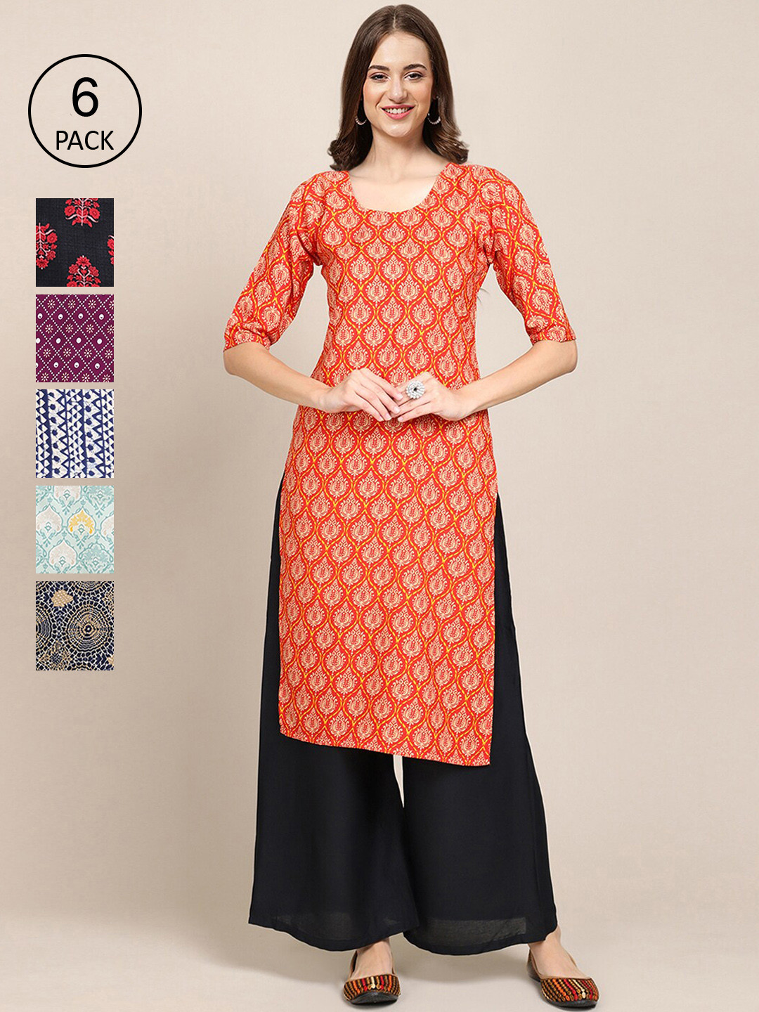 

Ethnic basket Women Pack of 6 Digital Printed Crepe Straight Kurtas, Red