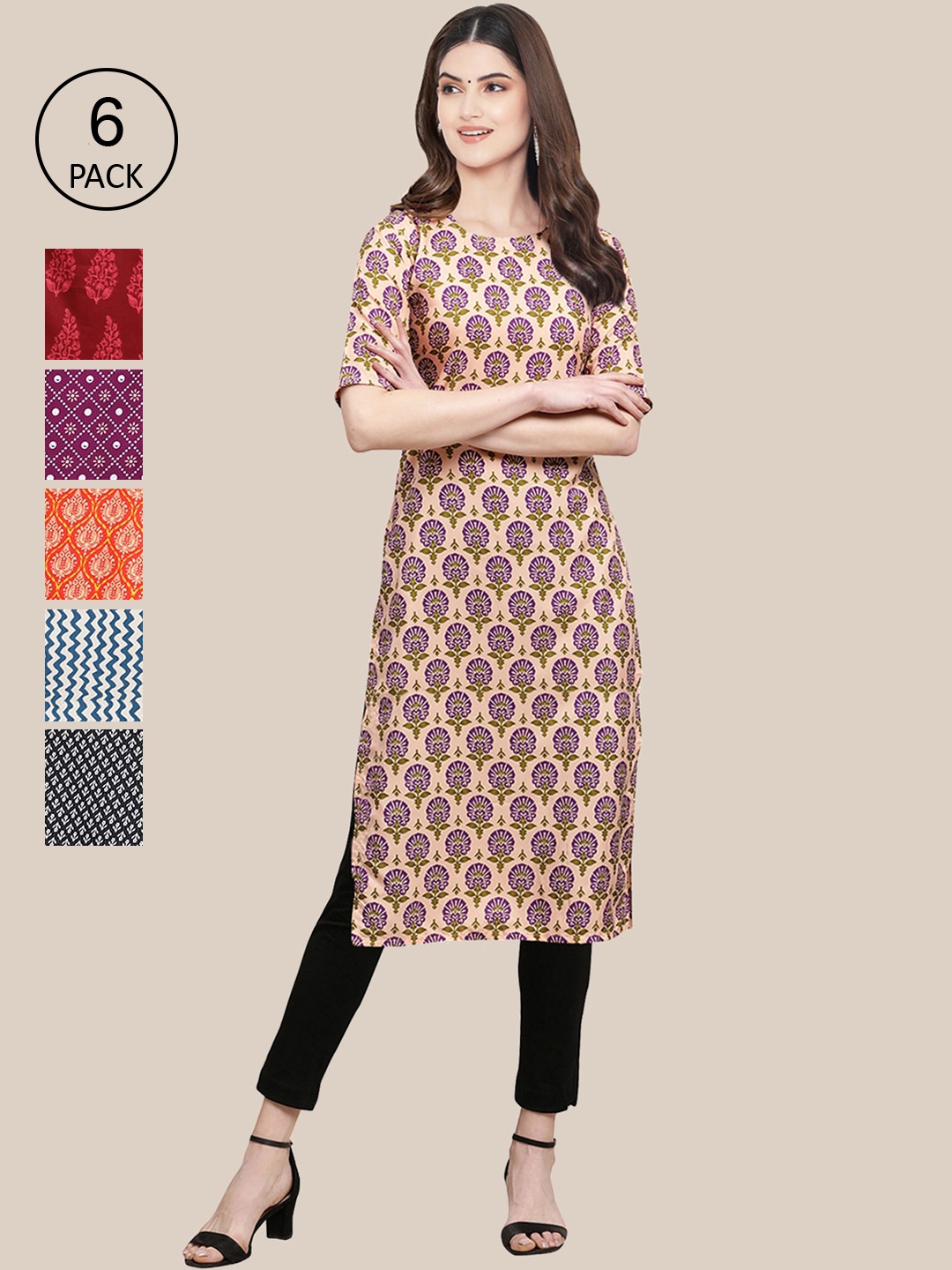 

Ethnic basket Women Pack of 6 Geometric Printed Crepe Kurta, Cream