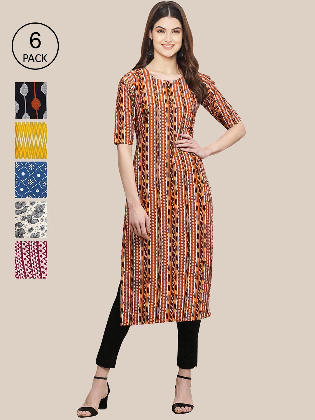 

Ethnic basket Women Pack of 6 Brown & Black Geometric Printed Crepe Kurta