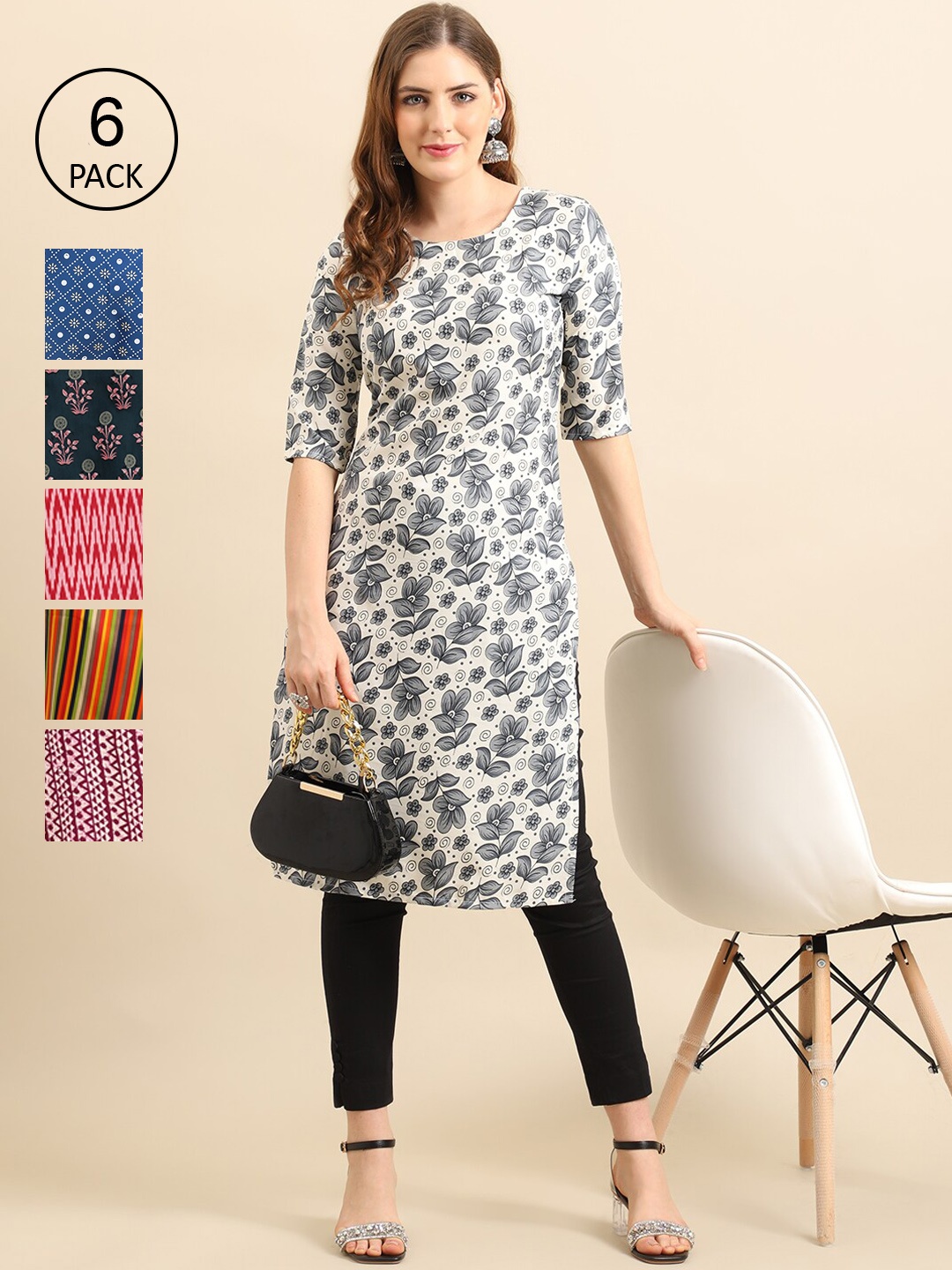 

Ethnic basket Women Grey & Blue Pack of 6 Floral Printed Crepe Kurtas