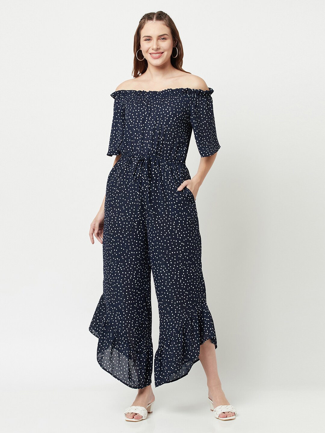 

SQew Navy Blue & White Off-Shoulder Printed Basic Jumpsuit with Ruffles