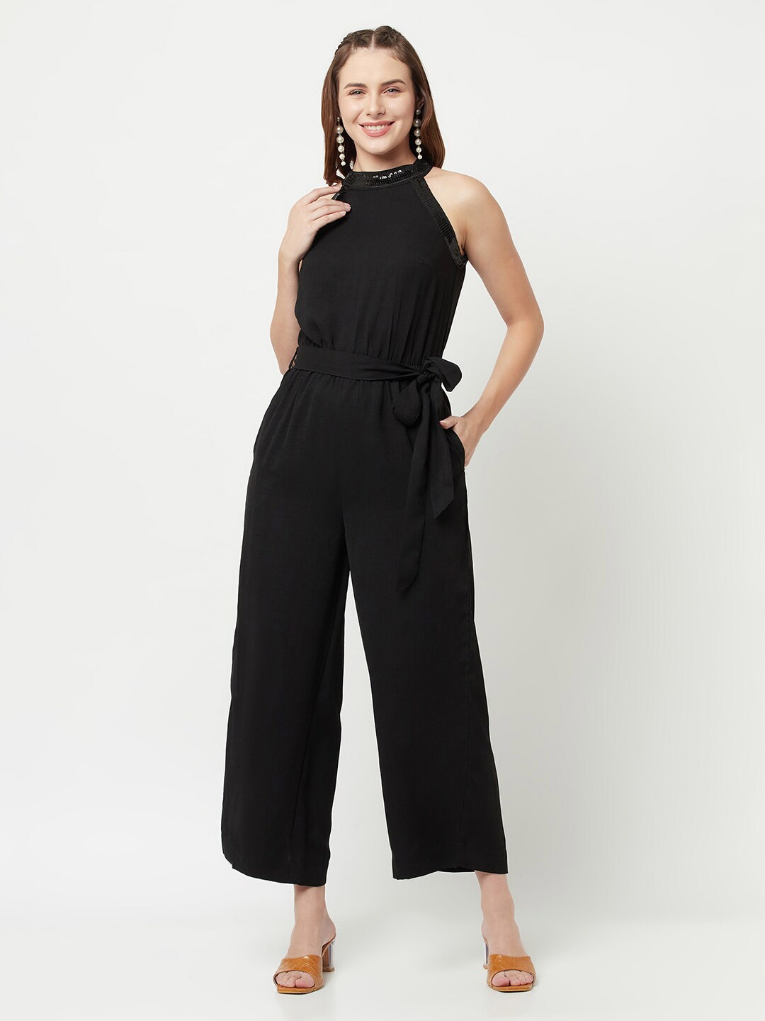 

SQew Black Halter Neck Culotte Jumpsuit with Embellished