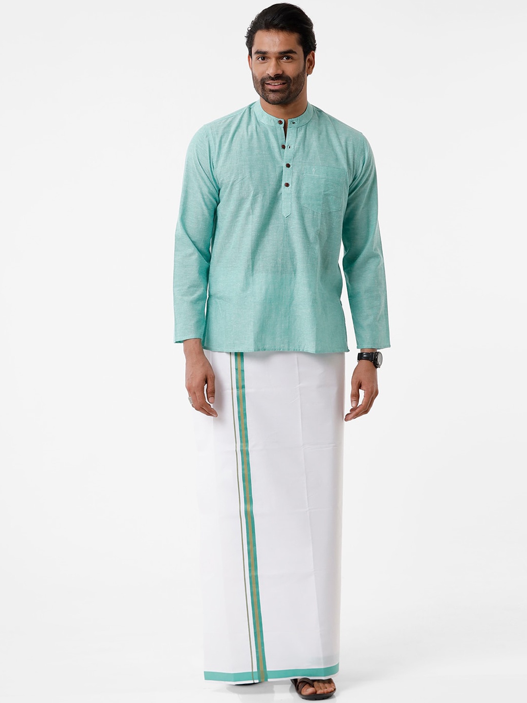 

Ramraj Men Green & White Pure Cotton Kurta with Dhoti