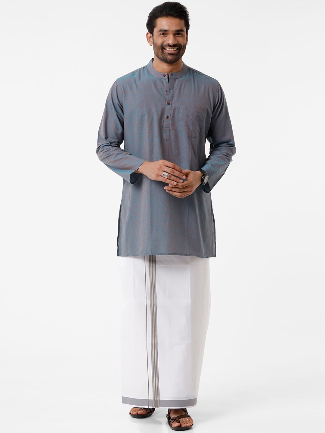 

Ramraj Men White & Grey Pure Cotton Kurta with Dhoti