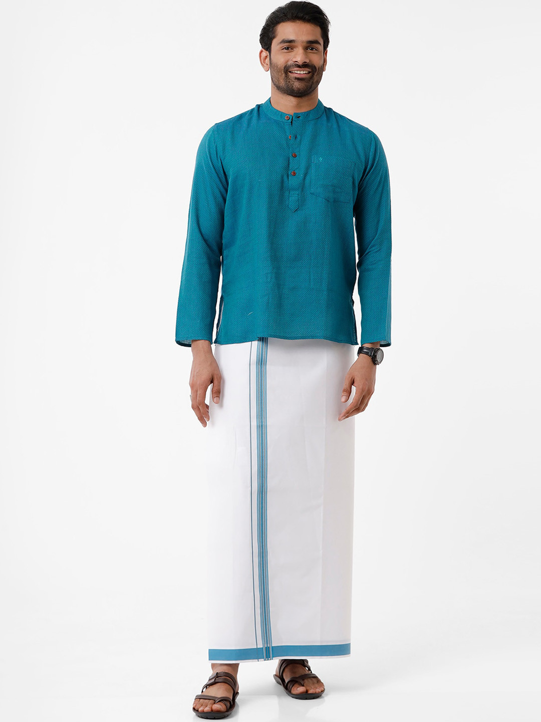 

Ramraj Men Blue & White Pure Cotton Kurta with Dhoti