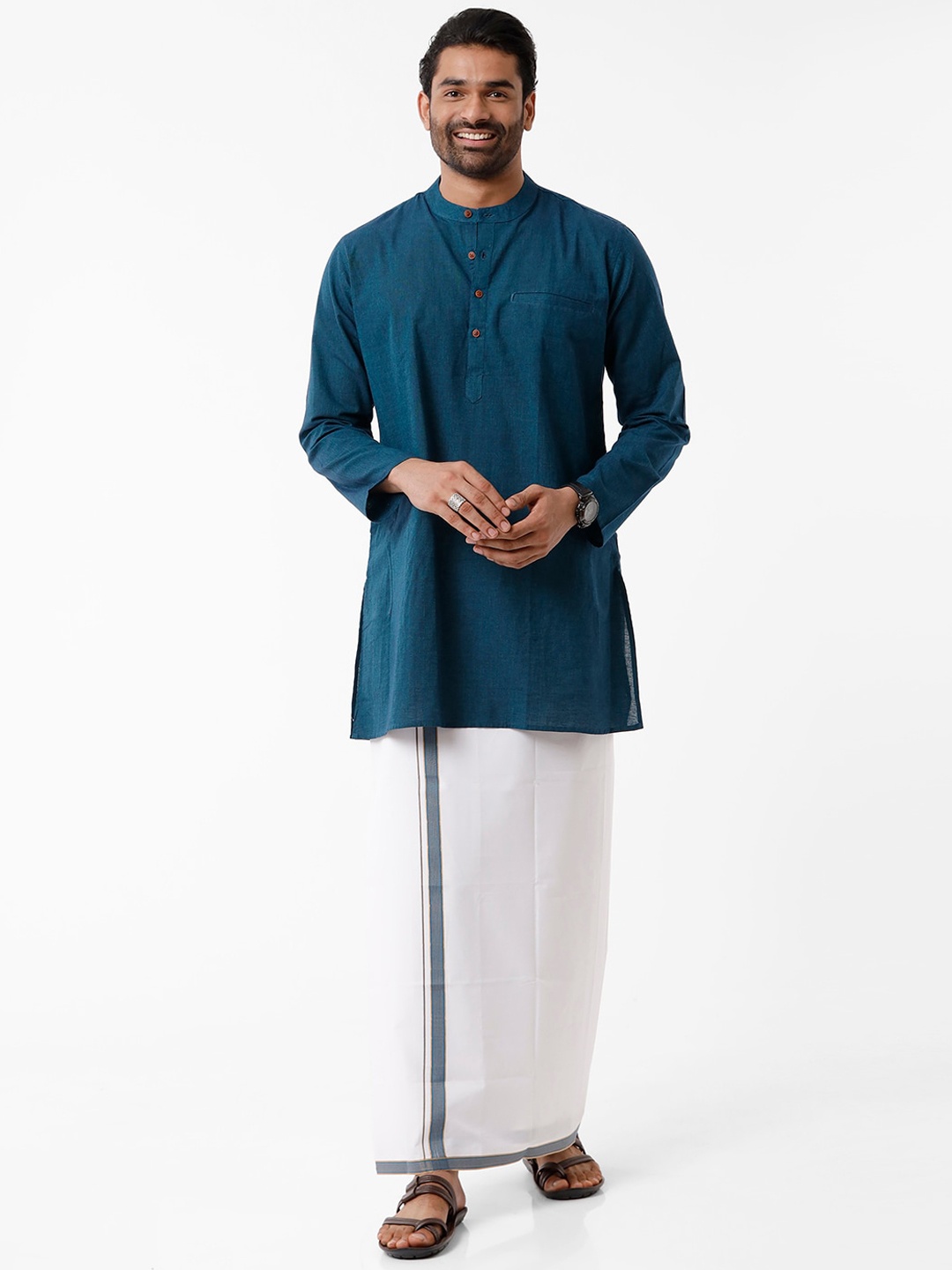 

Ramraj Men Blue & White Pure Cotton Kurta & Dhoti Set