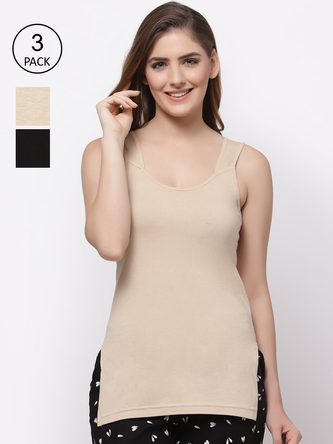 

Floret Women Pack Of 3 Solid Cotton Camisoles, Beige