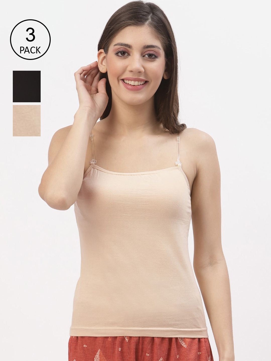 

Floret Women Pack of 3 Black & Beige Solid Camisoles