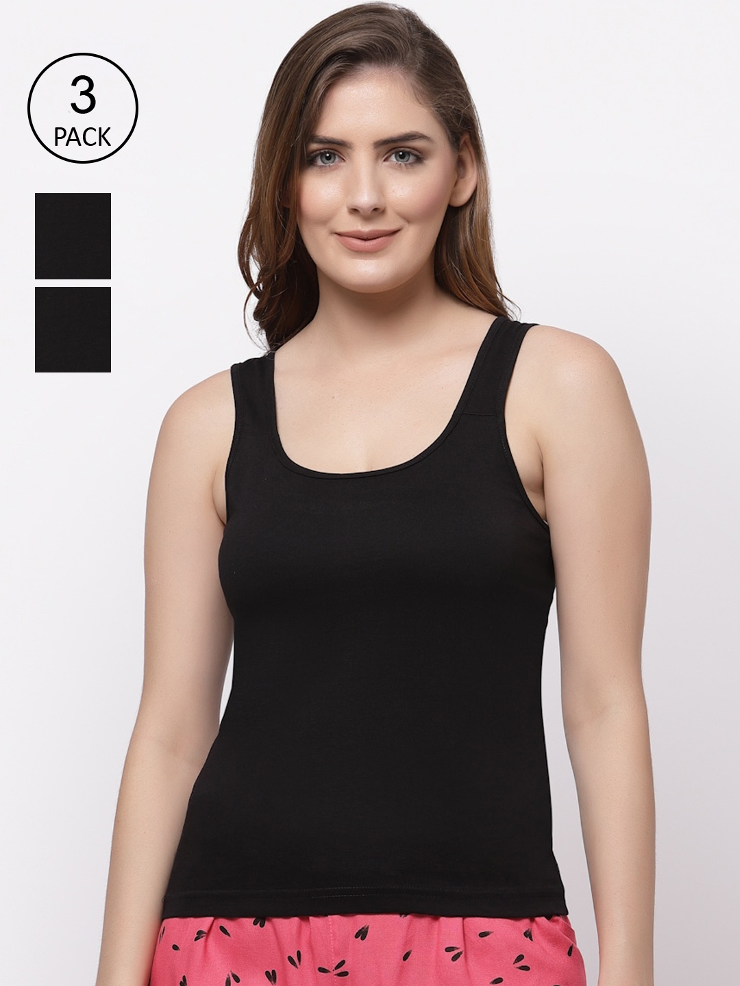 

Floret Women Pack of 3 Black Solid Cotton Camisoles