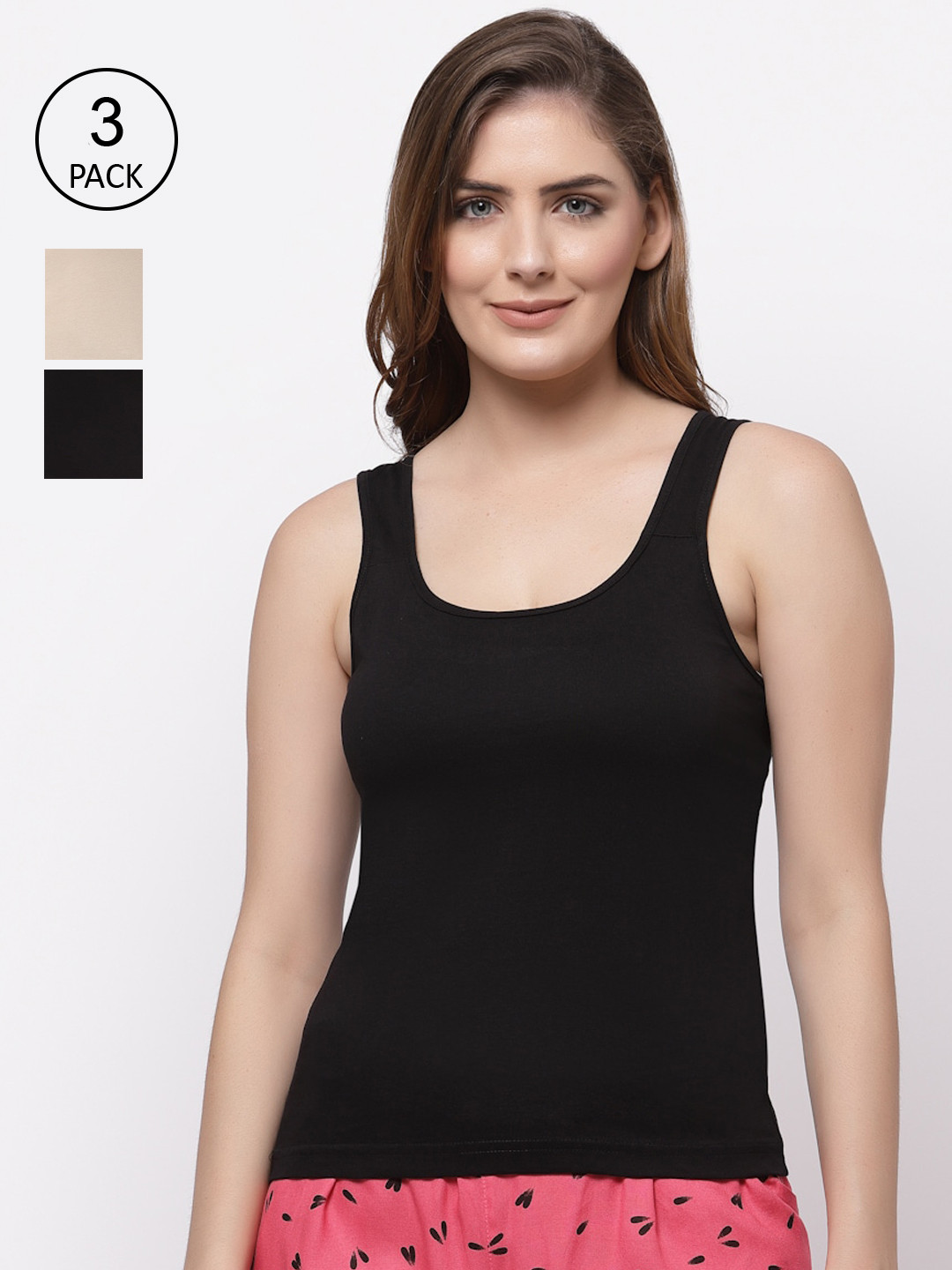 

Floret Women Pack Of 3 Solid Cotton Camisoles, Black