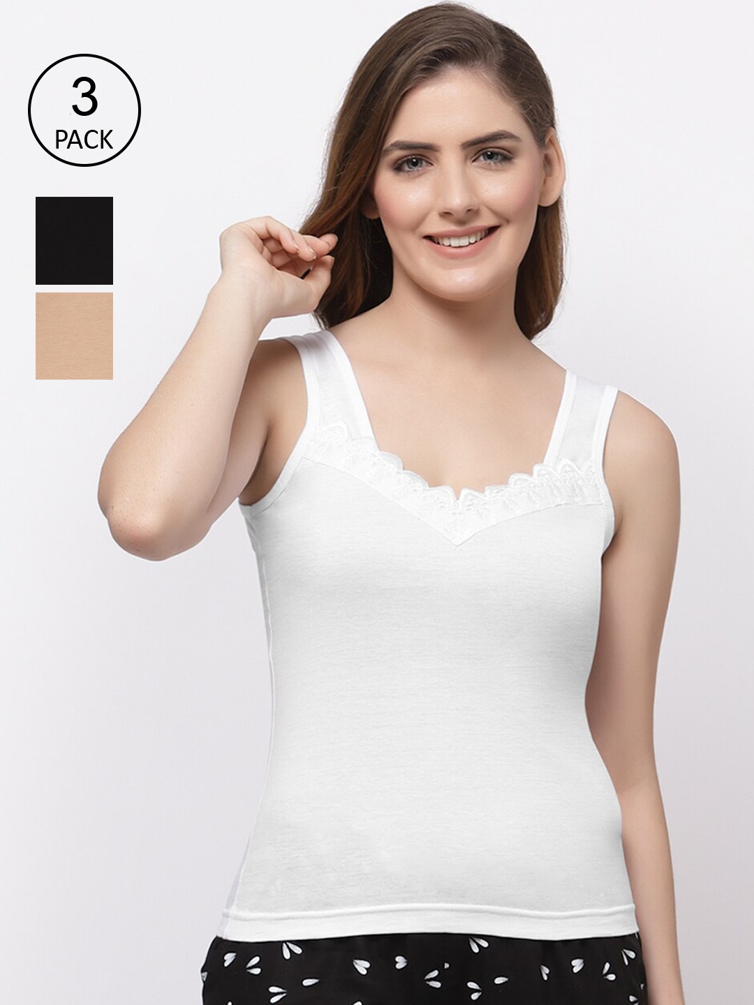 

Floret Women Pack Of 3 Solid Cotton Camisoles, White