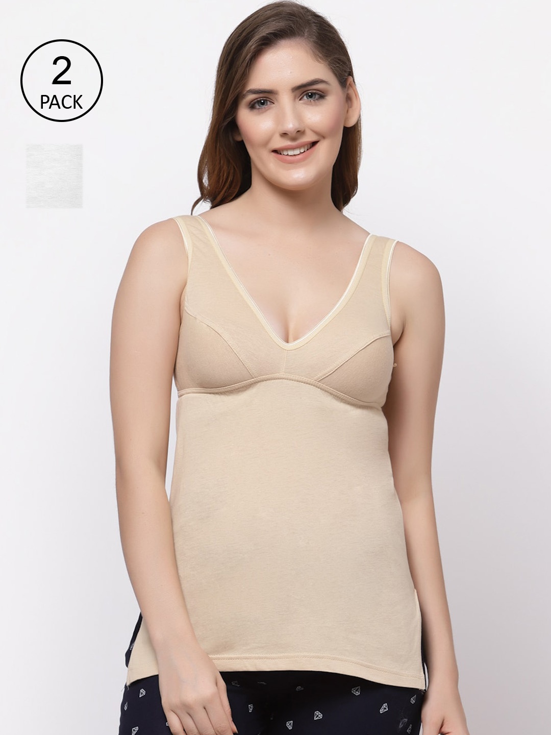 

Floret Women Pack of 3 Solid Cotton Camisoles, Beige