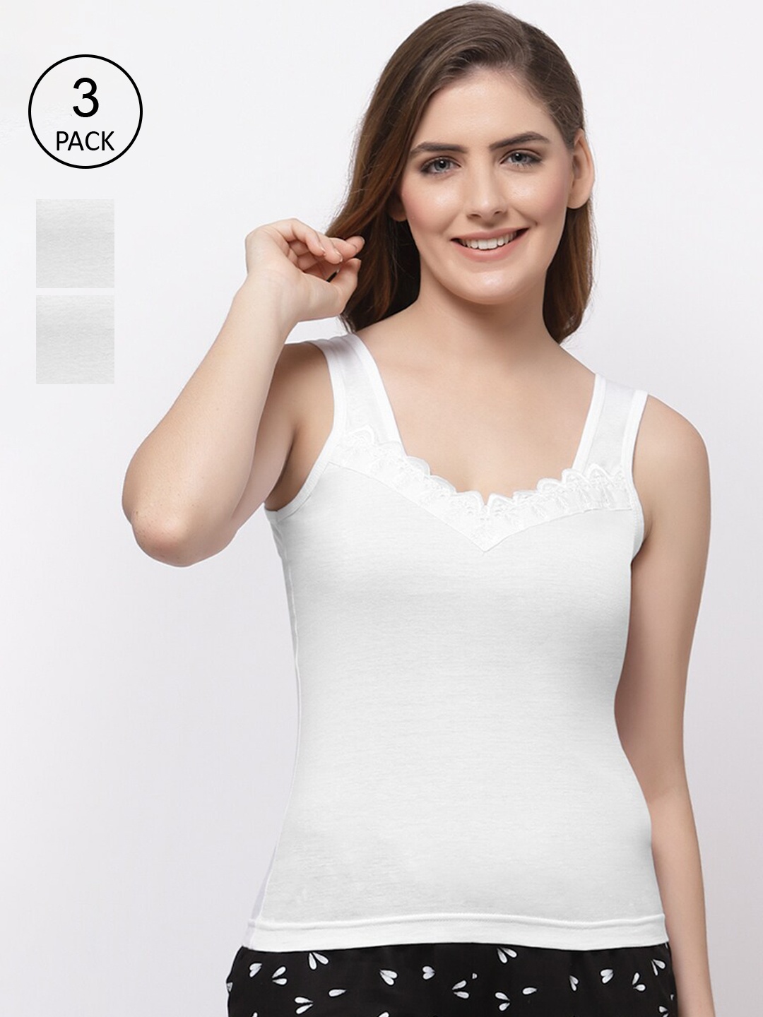 

Floret Women Pack of 3 White Solid Cotton Non-Padded Camisoles