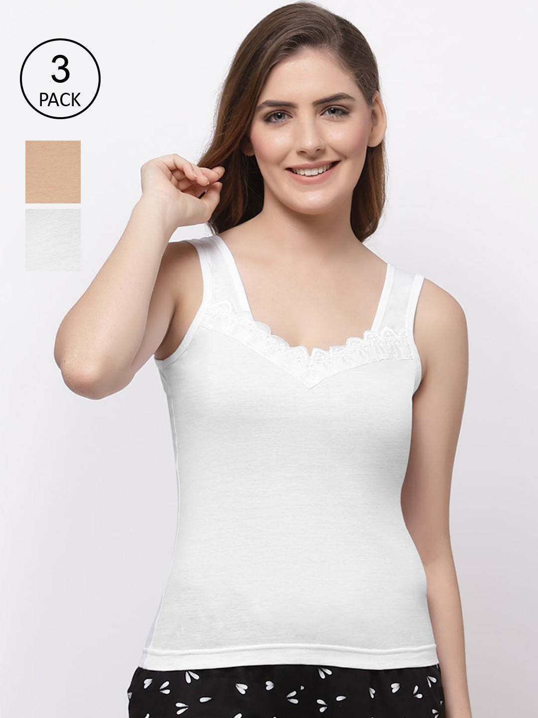 

Floret Women Pack Of 3 White Solid Cotton Camisoles