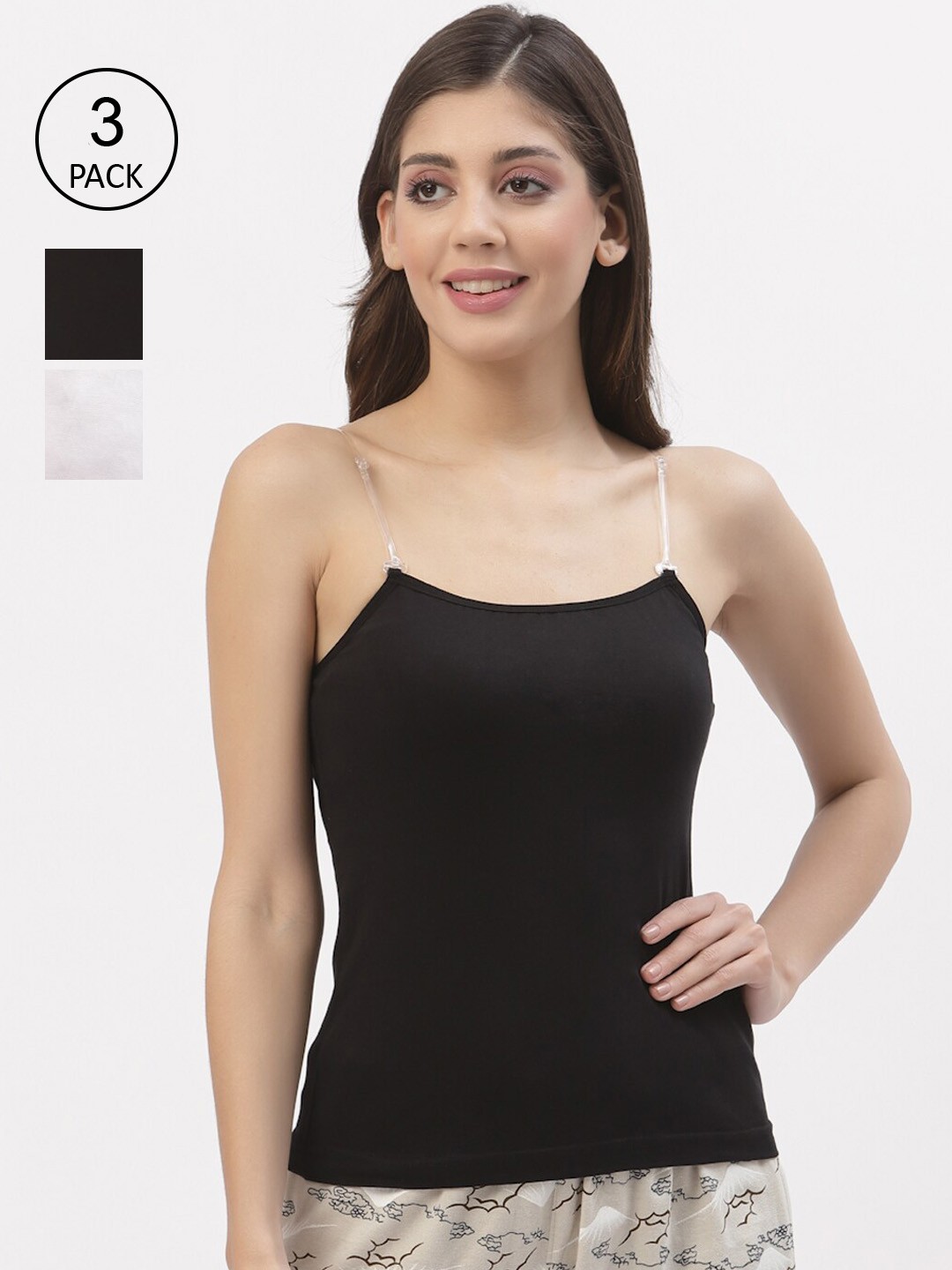 

Floret Women Pack of 3 Black & White Solid Cotton Camisoles