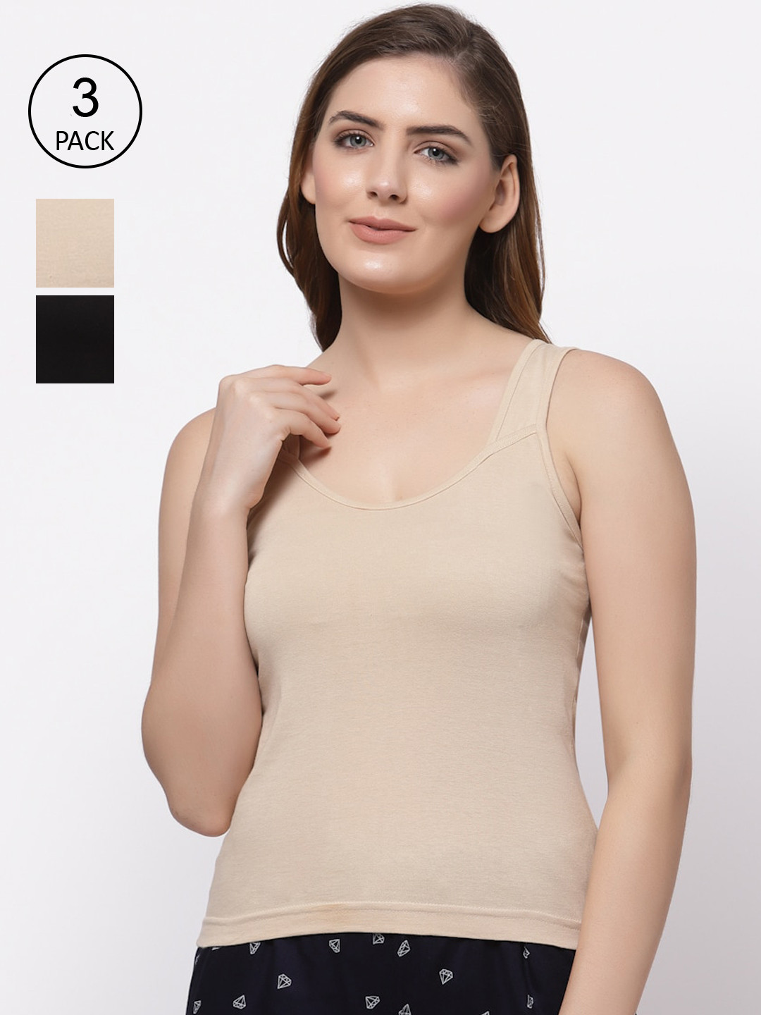 

Floret Women Pack of 3 Black & Beige Solid Camisoles, Nude