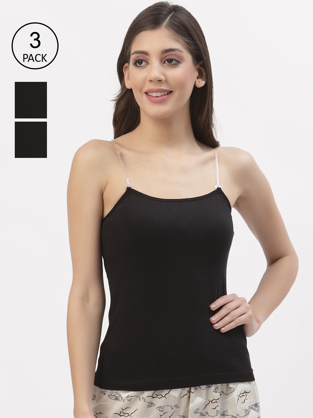 

Floret Women Pack Of 3 Solid Cotton Camisoles, Black