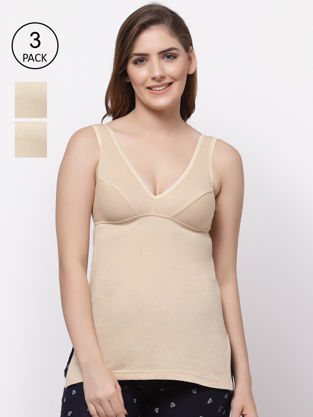 

Floret Women Pack Of 3 Solid Cotton Camisoles, Beige
